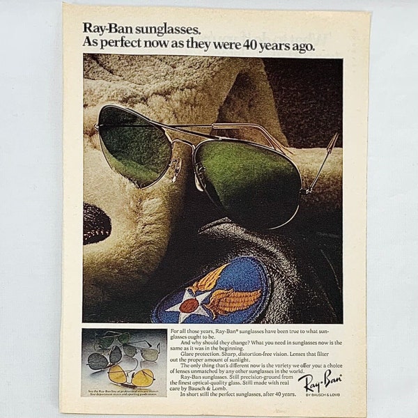 Vintage 1980's Ray Ban Aviator Sunglasses Bausch & Lomb Color Print Ad 8" x 11"