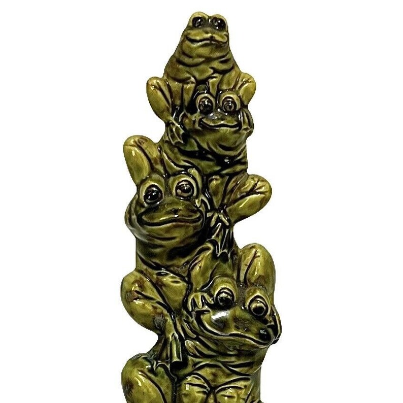 Vintage Frog Toadem Totem Pole Funny Frogs Ceramic Figurine Statue 8 3/
