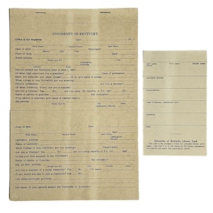 Vtg 1940's University of Kentucky Lexington College Formulário de admissão Cartão da biblioteca