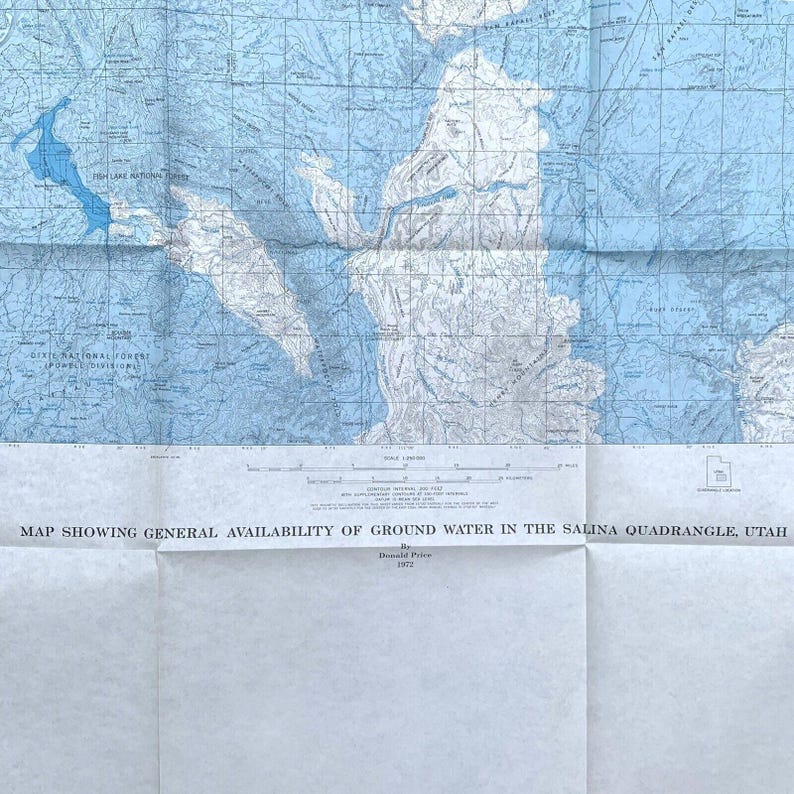May include: A blue and white map showing the general availability of ground water in the Salina Quadrangle, Utah. The map is titled "Map Showing General Availability of Ground Water in the Salina Quadrangle, Utah" and is dated 1972.