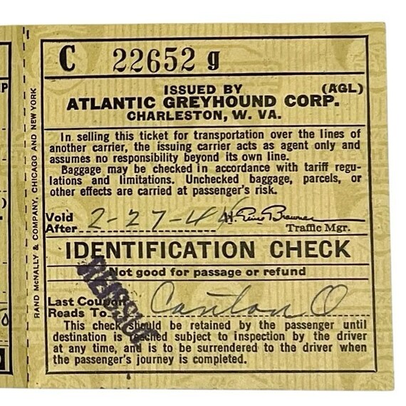 Vtg 1940's Atlantic Greyhound Bus Ticket Complete Washington DC