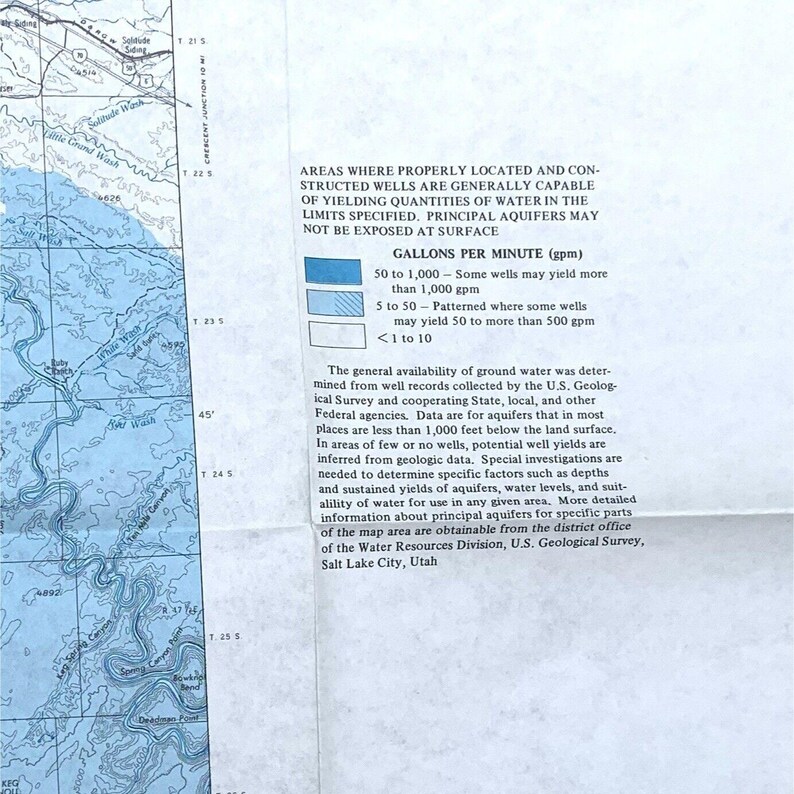 May include: A map showing the general availability of ground water in a specific area. The map is divided into areas with different colors representing the gallons per minute (gpm) of water that can be yielded by wells in each area. The map also includes text explaining the data and how it was collected.