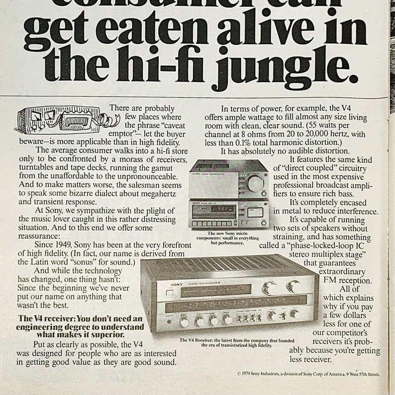 May include: A vintage advertisement for Sony V4 receiver, featuring a black and white illustration of a person being eaten by a jungle animal. The ad text highlights the receiver's features, including its power, distortion, and sound quality. The ad also emphasizes the importance of value and good sound.