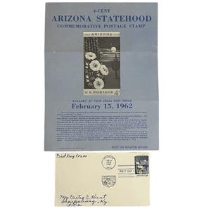 Cartel de sello postal antiguo de EE. UU. de 1962 con cactus saguaro y estado de Arizona