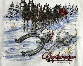 Jahrgang 1990 Budweiser Bier Clydesdales Pferde Weihnachten Hunde Sweatshirt Erwachsene L