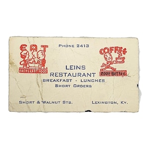 Jahrgang 1940 Lexington Kentucky Visitenkarte Leins Restaurant Short & Walnut St
