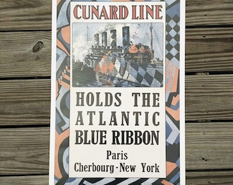 Vintage Cunard Line Mauretania Poster 26" x 16" Atlantic Blue Ribbon Paris NY