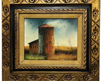 Silo Barn Field Original Oil Painting Hand Carved Frame Artist Signed 15" x 17"