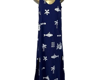 Vestido largo hawaiano sin mangas Hilo Hattie con estampado de peces, palmeras y océano (talla XS)