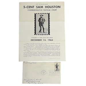 Cartel de sellos y volantes de la oficina de correos de EE. UU., año 1963, vintage, 5 centavos, Sam Houston