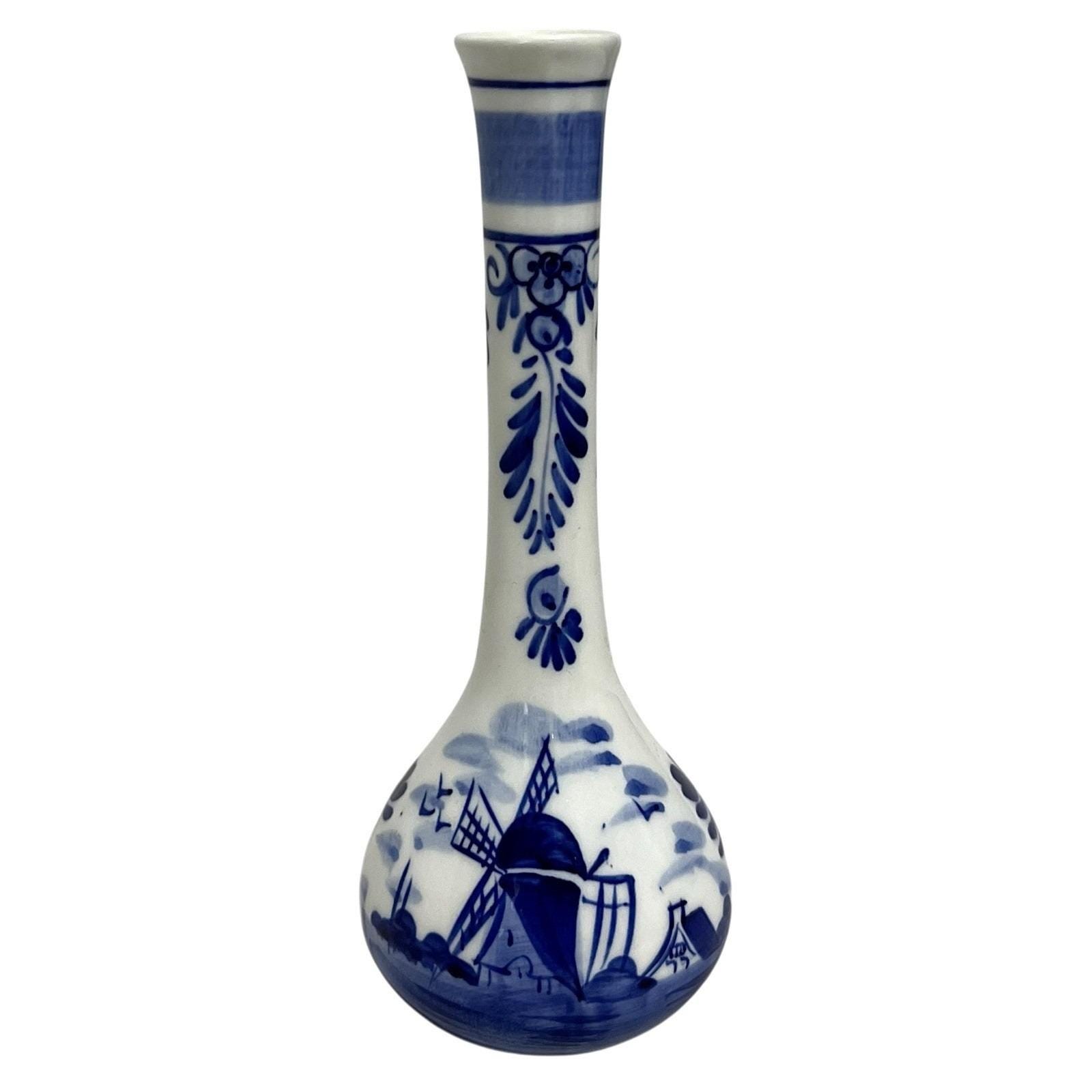 Vintage 1980's Delft Blue Holland 6 1/4" Bud Vase Hand Painted Windmill Floral