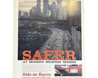 1958年ヴィンテージ レーヨンタイヤ広告 ニューヨークのスカイライン FDR ドライブライフ誌 自動車プリントアート