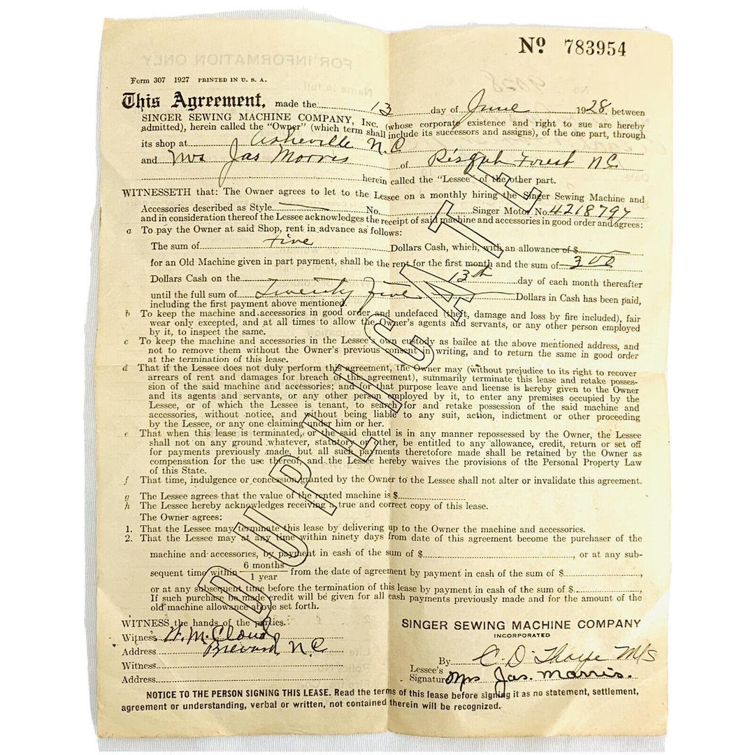 Vintage 1920 s Singer Sewing Machine Lease Agreement Ashville North 