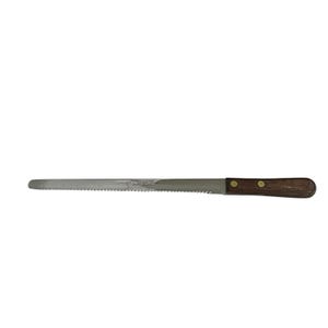May include: A serrated bread knife with a stainless steel blade and a dark brown wooden handle. The handle is secured with two brass rivets. The knife is designed for slicing bread and other baked goods.