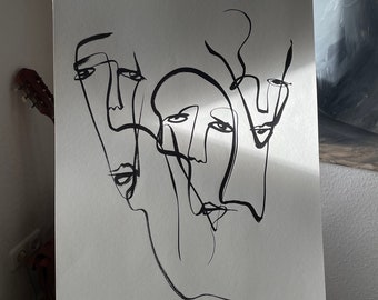 Originalgemälde „Stille Traurigkeit“ schwarzes Line Art Gesicht Abstrakt mit in