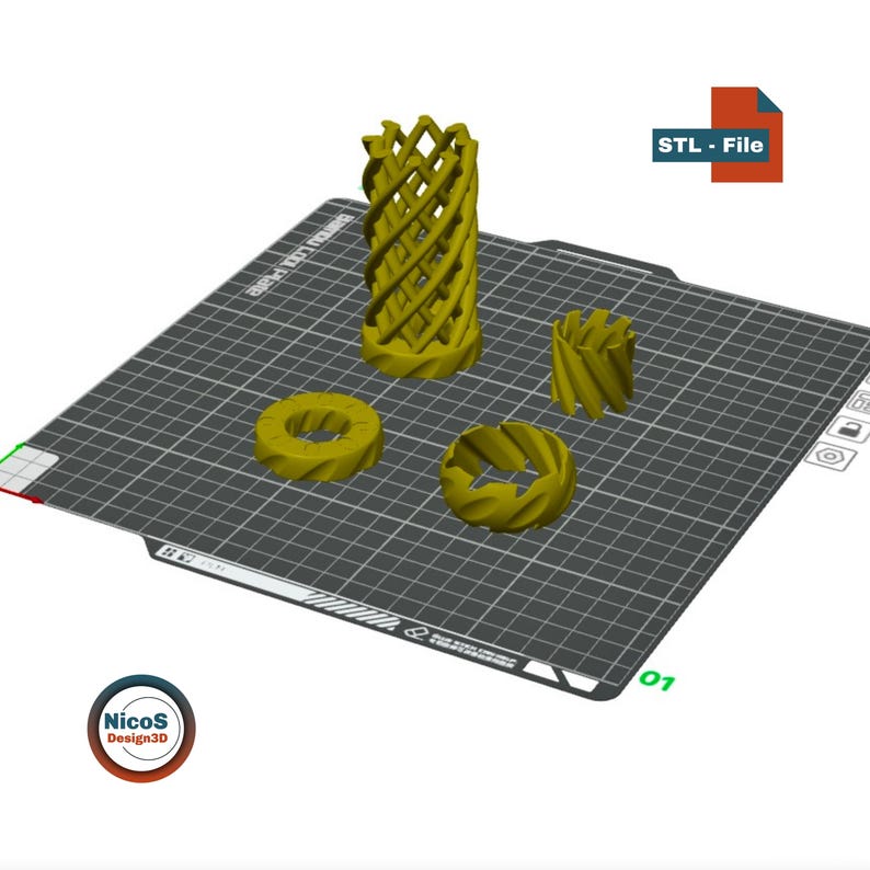 Vier Teile des Doppelschrauben-Fidgets auf dem virtuellen Druckbett. Die digitalen STL-Dateien werden ohne Stützen gedruckt und anschließend eingesetzt und verklebt.