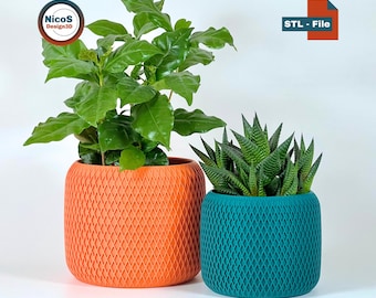 STL File - 3D Print Model | Modern Diamond Mesh Planter, elegant flower pot with diamond pattern for indoor plants