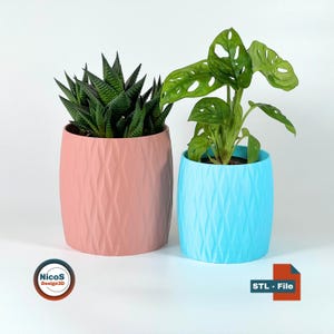 STLファイル - 3Dプリントモデル | ドリップトレイ、受け皿、排水穴付きモダン幾何学プランターフラワーポット