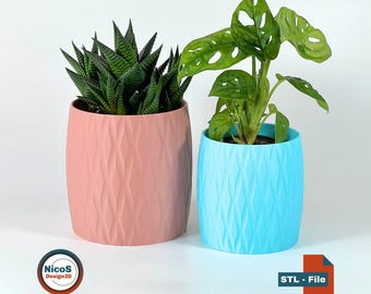 STL-fil - 3D-utskriftsmodell | Modern geometrisk blomkruka med droppbricka, fat och dräneringshål