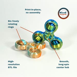 STL File - 3D Print Model | Fidget Triple Spinner Print-in-Place Desk Toy Smooth Rotating Rings image 2