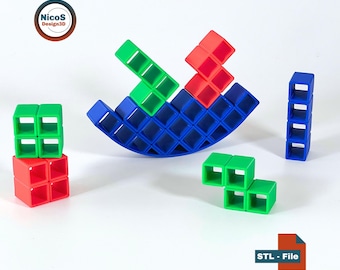STL File - 3D Print Model | Tetromino Blocks Balance Stacking Game as a Party Game for Family and Friends