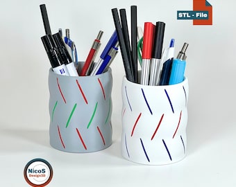 STL File - 3D Print Model | Filament Pen Storage Spiral pen cup as a desk organizer with Filament Color Inlay grooves