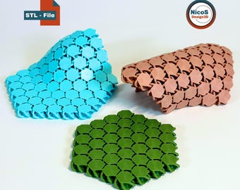 STL File - 3D Print Model | Net Fidget Glass Coaster as a flexible hexagonal coaster with movable honeycomb structure