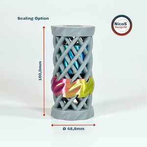 Maßansicht des Doppelschrauben-Fidgets mit 48,8 mm Durchmesser und 100 mm Höhe. Das digitale STL-Modell führt zwei gegenläufige Schrauben in einem offenen Gitterkörper.