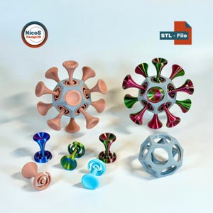 Könnte beinhalten: Eine Sammlung von 3D-gedruckten geometrischen Objekten in verschiedenen Farben, darunter Rosa, Blau, Grün und schillernd. Die Designs umfassen kugelförmige Formen mit hervorstehenden Elementen und kleinere Dekorationen. Der Text "STL - File" ist ebenfalls enthalten.