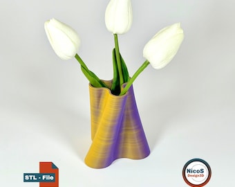 STL-fil - 3D-utskriftsmodell | Vriden trippelvas, minimalistisk skulptural vas med torkade blommor i spiralform