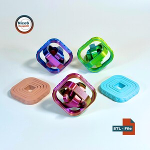 May include: A collection of 3D-printed geometric puzzles in various colors, including blue, green, pink, and tan. The puzzles feature interlocking designs and a square shape. The image also includes the text "STL - File" and a logo.