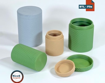 STL File - 3D Print Model | Helix Spiral Storage Container Boxes Set, Round Storage Box with Screw-on Lid