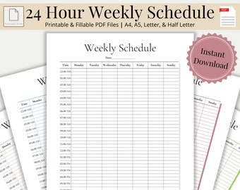 24 Hour Weekly Schedule, 24 Hour Daily Planner Printable & Fillable, Week At A Glance, Hourly Weekly Plan, Planner Template Digital Download