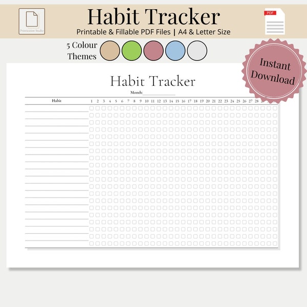 31 Day Habit Tracker Printable & Fillable, Monthly Habit Tracker Sheet, Daily Routine Tracking Journal, Habit Challenge Log Digital Download