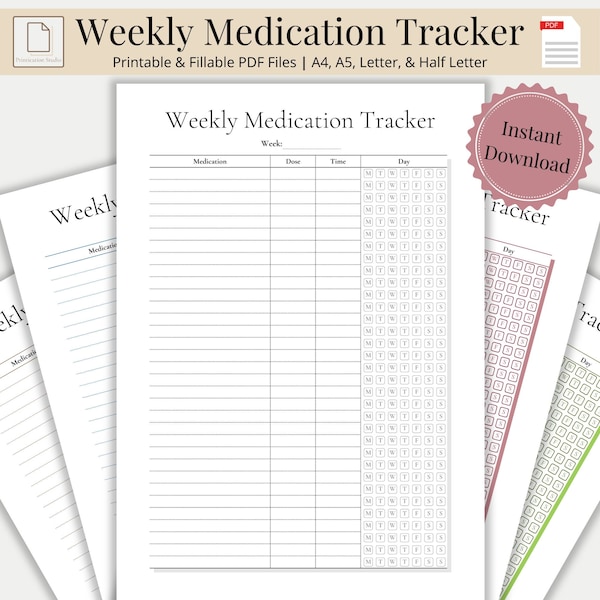 Tracker settimanale dei farmaci stampabile e compilabile, Registro dei farmaci, Elenco dei medicinali giornalieri, Organizzatore di pillole, Foglio di monitoraggio della salute, Download digitale