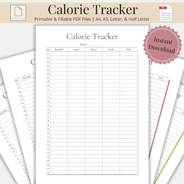 Daily Calorie Tracker Printable & Fillable, Calorie Counter Template, Calorie Planner and Counting Log, Food Diary Journal, Digital Download