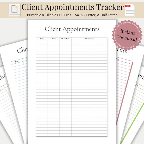 Client Appointment Tracker Printable & Fillable, Business Appointment Booking, Client Sheet Template, Appointment Log Book, Digital Download