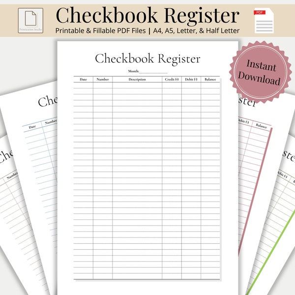 Checkbook Register Printable & Fillable, Check Book Register Template, Balance Sheets, Bank Account Ledger, Transaction Log Digital Download