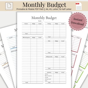 Monthly Budget Planner Printable & Fillable - Monthly Budget Template, Budget Overview Printable and Tracker, Budget Plan, Digital Download