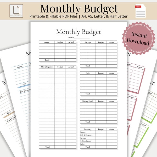 Monthly Budget Planner Printable & Fillable - Monthly Budget Template, Budget Overview Printable and Tracker, Budget Plan, Digital Download