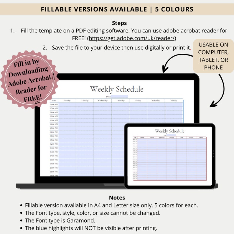 Hourly Weekly Schedule Printable & Fillable, Hourly Weekly Planner