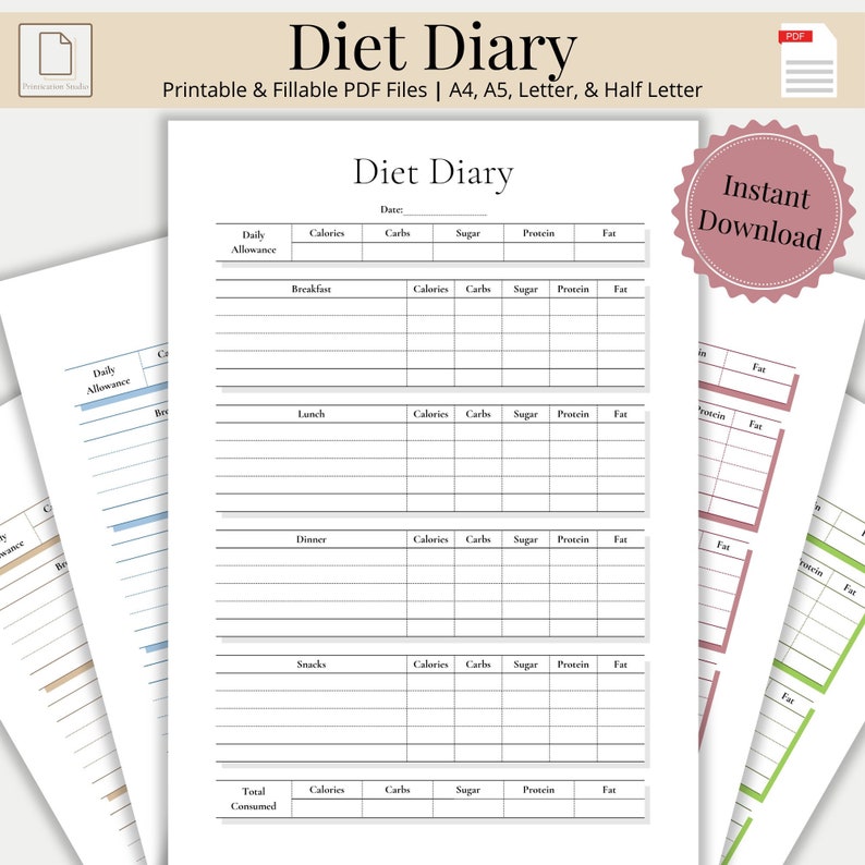 Diet Diary Printable Fillable Daily Diet Tracker Diet Planner Food Diet Diary Printable Fillable Daily Diet Tracker Diet Planner Food