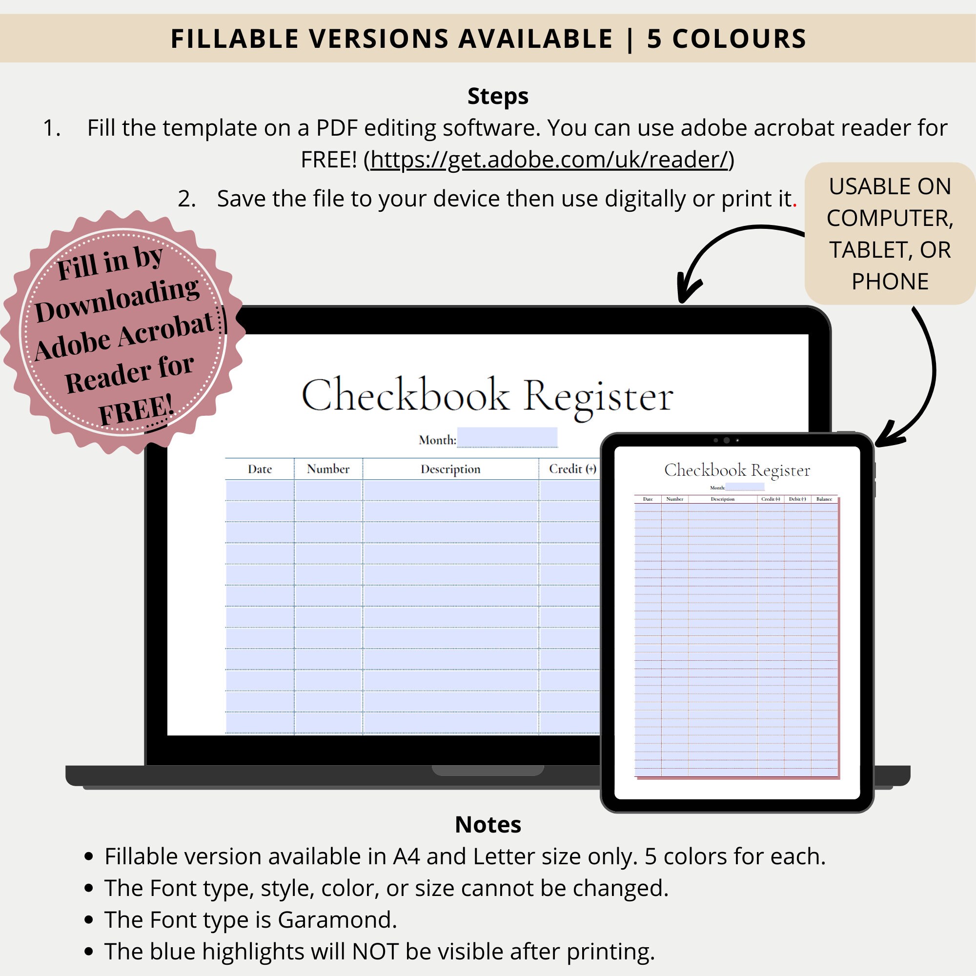 Checkbook Register Printable & Fillable, Check Book Register Template ...