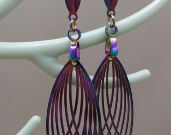 Bohemian Ellipse Earrings, Rainbow Filigree, Boho dangle drop, Rainbow Chrome, shimmering iridescent earrings