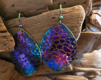 Filigree Leaf Rainbow Chrome Drop Dangle Earrings