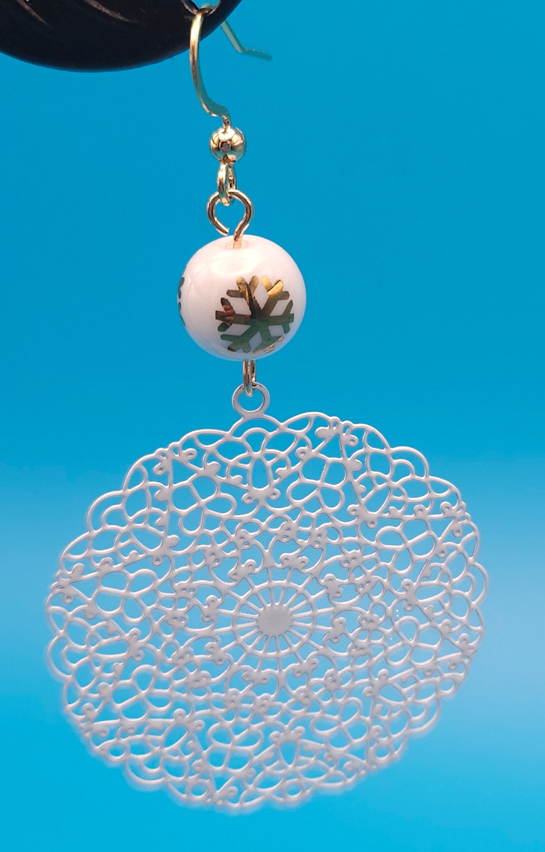 Large Christmas Ornament Earrings Round White Glass W/ Gold Etsy