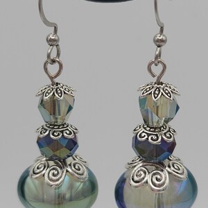 Iridescent Aurora Borealis Glass Bead Earrings, Tibetan Silver Bead Caps, Gift for Her, Plant Accents, Cinderella, 3 Tier