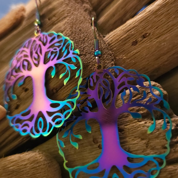 Tree of Life Earrings, Rainbow Chrome, Drop style, Filigree Earrings, Boho Chic Jewelry, Iridescent, Shimmers, Bohemian