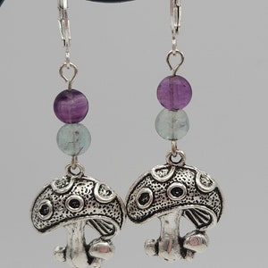 Mushroom Charm Earrings with Natural Green and Purple Fluorite Beads, Silver Huggie Leverback Hooks, Bohemian Jewelry, Gift for Her, Fungi
