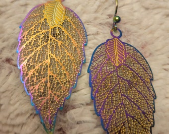 Gold Leaf Filigree Rainbow Chrome Drop Earrings